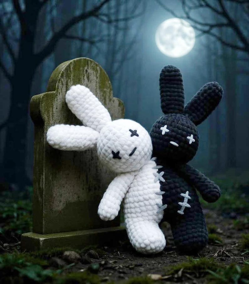 Two-Headed Bad Bunny Plushie amigurumi crochet pattern.
Stand out from typical Halloween patterns with a two-headed bad bunny plushie – a fun blend of spooky and adorable that fans of alternative or gothic styles will love.
Ideal for DIY Halloween decorations, trick-or-treat alternatives, or handmade gifts for friends who love horror, cute monsters, or quirky plushies.