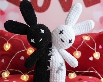 Valentine two headed bunny crochet pattern, DIY rabbit doll, English amigurumi tutorial