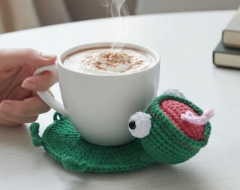 Frog Coaster Crochet Pattern Funny Amigurumi Pop-Up Mug Rug Popping Animal Cup Holder