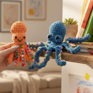 Puede incluir: Dos juguetes de pulpo de ganchillo. Uno es naranja con cuentas coloridas en sus tentáculos, y el otro es azul con ojos negros y cuentas coloridas. Los juguetes están hechos a mano y tienen un diseño caprichoso.