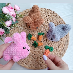 No sew crochet Easter Bunny plush pattern with crochet carrots mini cute kawaii keychains Rabbit amigurumi tutorial PDF in English