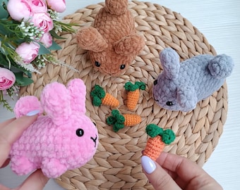 No sew crochet Easter Bunny plush pattern with crochet carrots mini cute kawaii keychains Rabbit amigurumi tutorial PDF in English