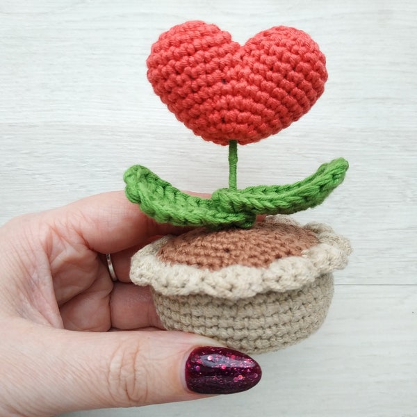 Patrón de crochet amigurumi corazón de flores regalo hecho a mano hazlo tú mismo, Patrón de crochet de planta de corazón rojo en una maceta