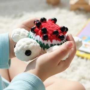 May include: A handmade crochet turtle toy. The turtle has a red top with black bead accents, white and green trim, and white flipper-like appendages. The toy is held in a child's hands.