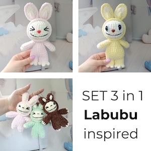 Set 3 in 1 Labubu inspired crochet patterns Funny bunnys crochet keychains Whimsical cute monster toy Labubu fan art plushies PDF in English