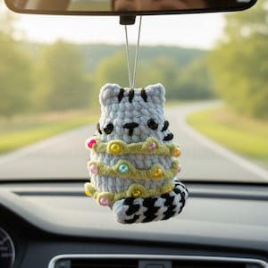 Chubby Cat Car Charm Crochet Pattern Car Accessories Amigurumi Kitty Tangled in Lights