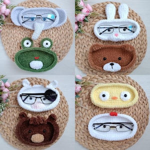 Glasses Holder Crochet Patterns – Bear, Bunny, Cow, Highland Cow, Elephant, Frog, Rooster & Chicken Amigurumi Tutorial PDF