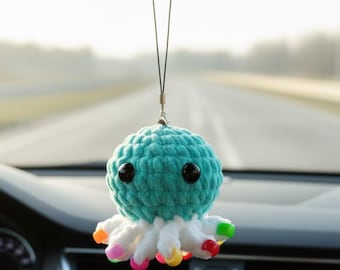 Jellyfish Crochet Pattern Mirror Hanger Octopus Car Accessory Amigurumi Fidget Keychain Rearview Charm