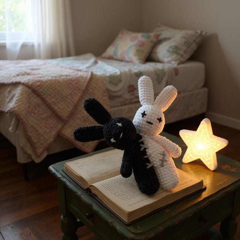 Pode incluir: Duas bonecas de coelho de croch&ecirc; feitas &agrave; m&atilde;o, uma preta e outra branca, s&atilde;o exibidas em um livro aberto. Os coelhos t&ecirc;m detalhes costurados e est&atilde;o posados juntos. Uma luz noturna em forma de estrela iluminada fica perto em uma pequena mesa verde. Uma cama com uma colcha estampada floral est&aacute; ao fundo.