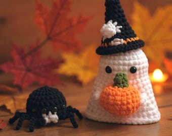 Halloween Ghost Crochet Pattern PDF Hat with Pumpkin Spider Easy No Sew Amigurumi Plushie