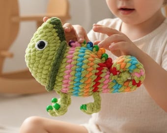 May include: A handmade, colorful crochet chameleon toy. The toy features a green head and feet, with a body of rainbow stripes in shades of pink, blue, orange, and yellow. The chameleon has a large, black and white eye.