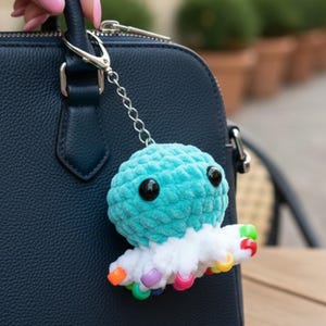 May include: A turquoise and white crocheted octopus keyring with black eyes and colourful tentacle tips. The plush toy is attached to a silver chain and clasp, hanging from a navy blue handbag.