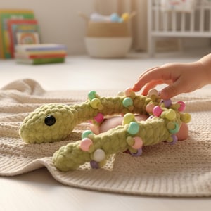 Puede incluir: Un juguete de serpiente de ganchillo verde con un ojo negro y cuentas de colores. El juguete está sobre una manta beige, con la mano de un niño que se acerca. Un juguete divertido y seguro para bebés y niños pequeños.