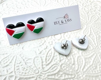 Palestine Earrings Polymer Clay Palestinian Flag Hand Painted Heart Studs Handmade by Lily and Yass Creations