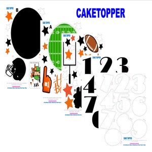 K&ouml;nnte beinhalten: Eine Sammlung von Tortenaufs&auml;tzen zum Thema Football, darunter ein Football, ein Helm, ein Spielfeld und Zahlen. Das Design zeigt orange und schwarze Sterne, einen Schaumstoff-Finger und den Text "CAKETOPPER". Die Zahlen 1-9 sind enthalten.