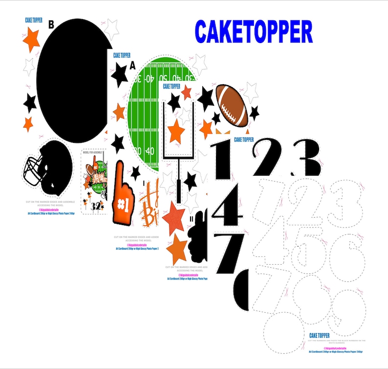 K&ouml;nnte beinhalten: Eine Sammlung von Tortenaufs&auml;tzen zum Thema Football, darunter ein Football, ein Helm, ein Spielfeld und Zahlen. Das Design zeigt orange und schwarze Sterne, einen Schaumstoff-Finger und den Text "CAKETOPPER". Die Zahlen 1-9 sind enthalten.