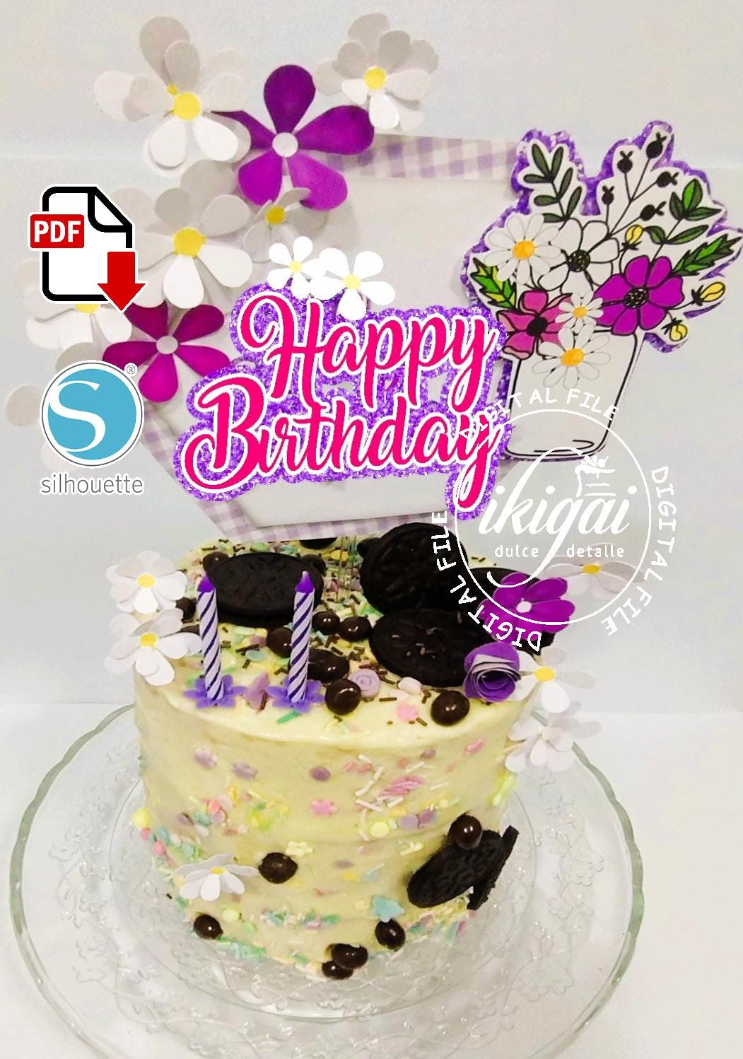 Cake Topper Happy Birthday FLOWERS, Printable, Cutting file, Instant Download, Pdf, Woman Cake Decoration, Daisies, Cameo Silhouette Studio