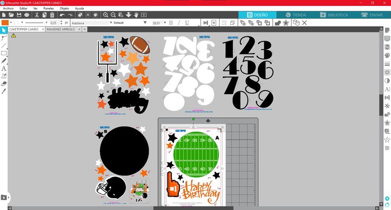 K&ouml;nnte beinhalten: Ein digitales Design-Layout mit verschiedenen Elementen zum Thema Football. Enth&auml;lt einen Football, Torpfosten, Sterne, einen Footballhelm und die Worte "Happy Birthday". Enth&auml;lt auch die Zahlen 1 bis 9.