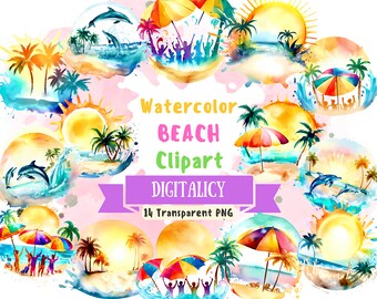 14 Watercolor Beach Clipart PNG, Summer Clipart, Beach Clipart, Beach PNG, Summer PNG, Instant Download, Images for Download, Commercial Use