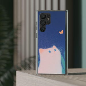 Kawai Anime Cat Kitten Butterfly Art telefoonhoesje voor Samsung Galaxy S25, S24, S23, S22, S21 Plus Ultra | Schattige harige kittentelefoonhoesje