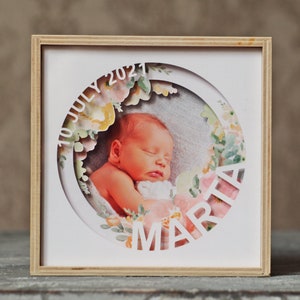 Flower watercolor 3D Baby photo frame, Baby birth stats Shadow Box, Baby Picture frame, SVG For Cricut and Silhouette, Baby stats template