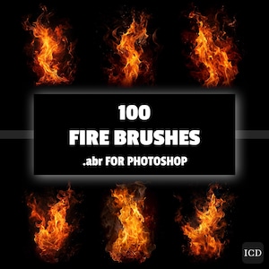 Puede incluir: Gráfico de arte digital con seis llamas de fuego en tonos naranja y rojo sobre un fondo negro. Un rectángulo negro en el centro muestra el texto "100 FIRE BRUSHES .abr FOR PHOTOSHOP".