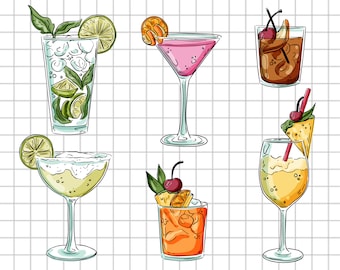 Summer Cocktail Svg Bundle, Drink Pack Svg, Bar Svg, Tropical Cocktails Svg, Cocktail Watercolor Clipart, Digital Download