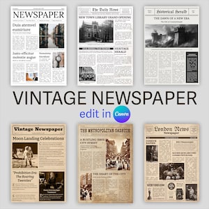 May include: Several vintage newspapers with historical headlines and images. The newspapers have a classic design with aged paper and photographs. The text "VINTAGE NEWSPAPER" is displayed. The image also includes the text "edit in Canva".