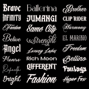 Może przedstawiać: Czarne tło z białym tekstem w różnych czcionkach. Tekst zawiera słowa takie jak "Brave", "Ballerina", "Brother", "Infinity", "Jumanji", "Clip Rider", "Freedom", "Same City", "Harmony", "Belive", "Strenght", "El Marino", "Angel", "Luxury Lashes", "Freedom", "Monro", "Rich Moon", "Bellino", "Refaelp", "Different", "Fanlaga", "Bright", "Fashion", i "Hyper Fox".