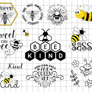 Peut inclure: Une collection d'illustrations et de textes sur le thème des abeilles, notamment "Queen", "Bee Kind", "Sweet as can bee", "Sassy" et "You can call me Queen Bee".