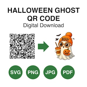 Może przedstawiać: Grafika do pobrania cyfrowego o tematyce Halloween z kodem QR. Obraz przedstawia kreskówkowego ducha w kapeluszu i okularach, trzymającego dynię i filiżankę kawy. Tekst brzmi "Halloween Ghost QR Code Digital Download."