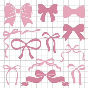 Könnte beinhalten: Eine Sammlung von rosa Schleifen-Illustrationen in verschiedenen Stilen. Die Schleifen variieren in Größe und Design, von einfachen Schlaufen bis hin zu aufwendigen, mehrschichtigen Schleifen. Der Hintergrund ist ein Rastermuster.