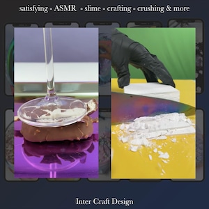 May include: Two-part image showing ASMR content. One part shows a clear liquid being poured onto a chocolate-covered ice cream bar. The other part shows a black-gloved hand cutting a white block with a knife. Text at the top says "satisfying - ASMR - slime - crafting & more".