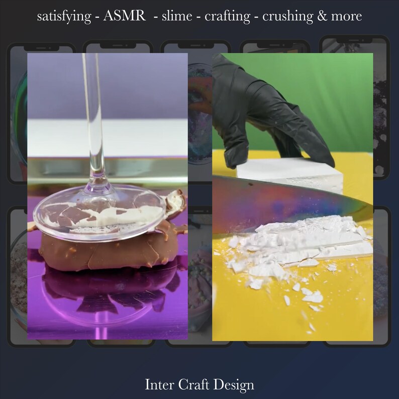May include: Two-part image showing ASMR content. One part shows a clear liquid being poured onto a chocolate-covered ice cream bar. The other part shows a black-gloved hand cutting a white block with a knife. Text at the top says "satisfying - ASMR - slime - crafting & more".