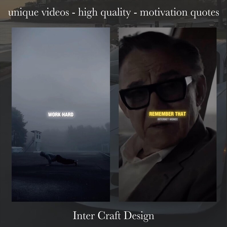 May include: A split image with a motivational quote on each side. The left side shows a person doing push-ups in front of a foggy background with the text "WORK HARD". The right side shows a man wearing sunglasses with the text "REMEMBER THAT INTERNET MONEY" in yellow.