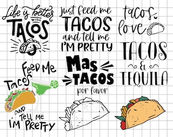 Taco Svg-bundel, Mas Tacos Svg, Taco Silhouette, Taco's en Tequila Svg, Taco Quotes gesneden bestand, digitale download