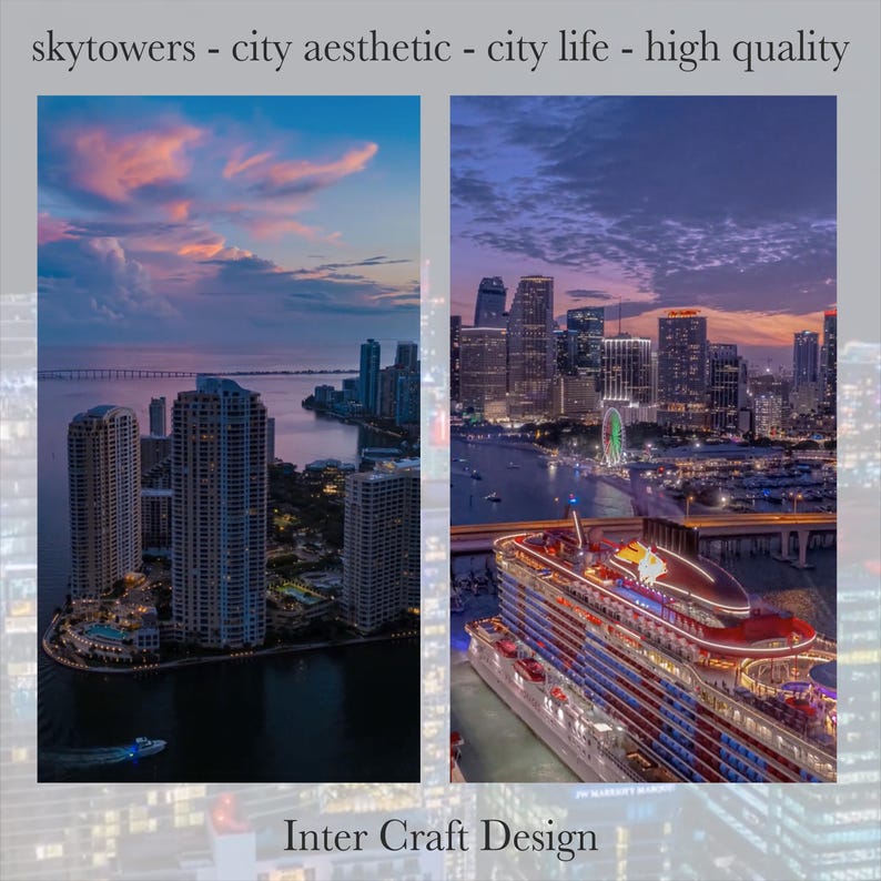 May include: Two photographs of a city skyline at dusk. The left image shows high-rise buildings along a waterfront with a boat. The right image features a Ferris wheel and a cruise ship. Text at the top reads "skytowers - city aesthetic - city life - high quality".