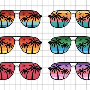 May include: Six pairs of sunglasses with different colored lenses. Each pair has a palm tree and sunset reflected in the lenses. The lenses are red, orange, green, purple, blue, and yellow.