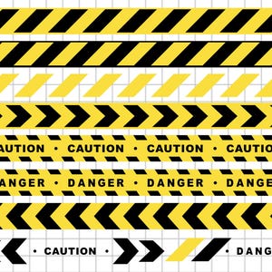 Puede incluir: Una colección de rayas y señales de advertencia amarillas y negras. Los diseños incluyen rayas diagonales, chevrones y texto que dice "CAUTION" y "DANGER". Los diseños están sobre un fondo de cuadrícula blanca.