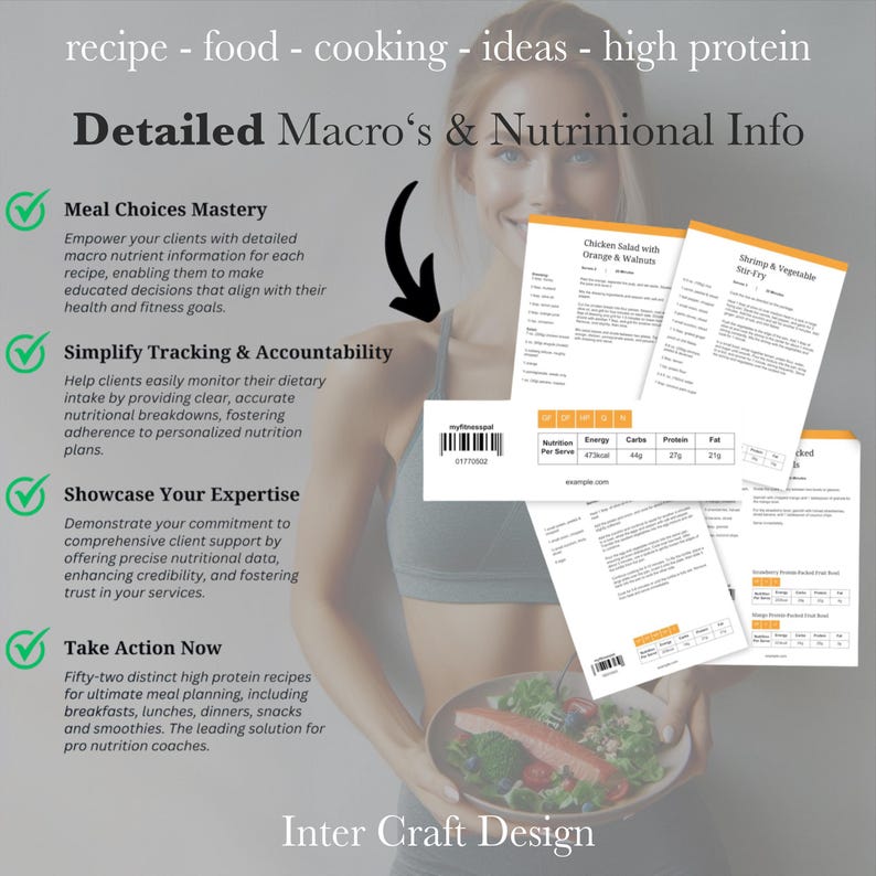 May include: A digital product for nutrition coaches, featuring a woman holding a plate of food and a set of printable recipe cards with nutritional information. The text on the cards reads "Chicken Salad with Orange & Walnuts" and "Shrimp & Vegetable Stir-Fry". The text on the page reads "Detailed Macro's & Nutritional Info", "Meal Choices Mastery", "Simplify Tracking & Accountability", "Showcase Your Expertise", and "Take Action Now".