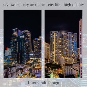 May include: A night-time view of a city skyline with illuminated skyscrapers. The image captures a vibrant urban scene with bright lights and modern architecture. The text "east", "ICITY", and "Inter Craft Design" are visible.