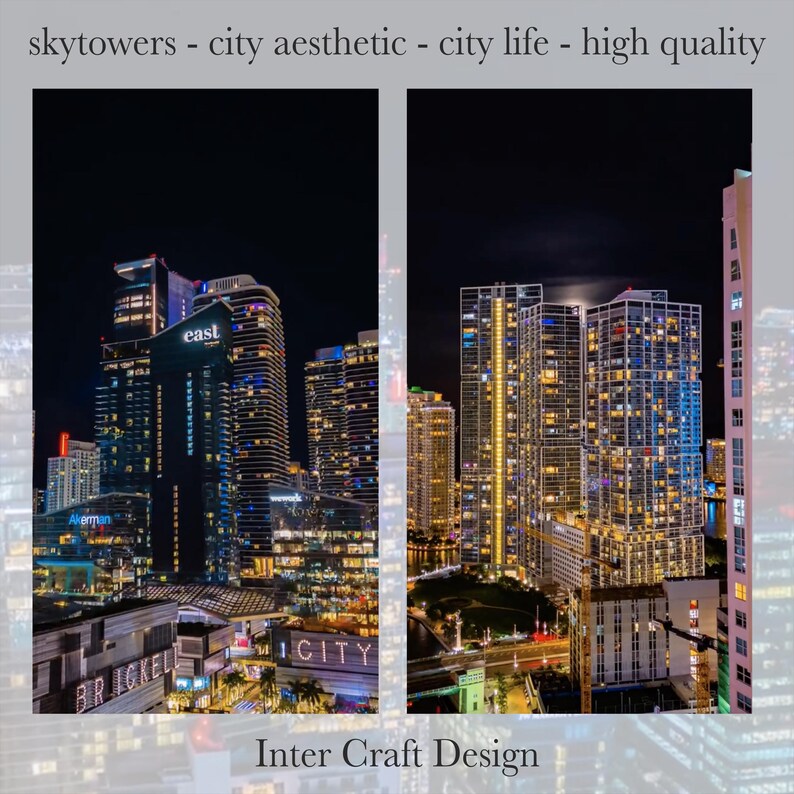 May include: A night-time view of a city skyline with illuminated skyscrapers. The image captures a vibrant urban scene with bright lights and modern architecture. The text "east", "ICITY", and "Inter Craft Design" are visible.