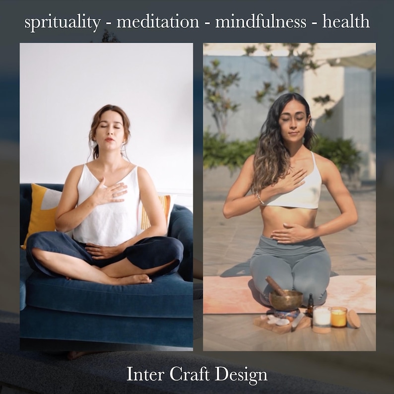 Peut inclure: Deux femmes sont assises en position de m&eacute;ditation. La femme de gauche est assise sur un canap&eacute; bleu avec ses mains sur sa poitrine. La femme de droite est assise sur un tapis de yoga avec ses mains sur son ventre. Il y a des bols chantants, des bougies et des cristaux devant elle. Le texte "Inter Craft Design" est en bas de l'image.