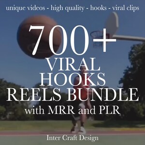 May include: Image promoting a "Viral Hooks Reels Bundle" with the text "700+". A basketball is in the air, with a basketball hoop in the background. The text also includes "with MRR and PLR" and "Inter Craft Design".