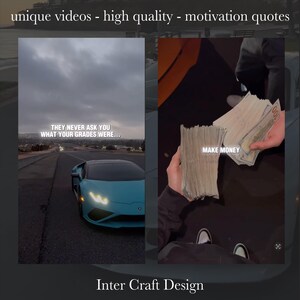 May include: A motivational quote about success and a stack of cash with the text "MAKE MONEY" on it. The image is split into two parts, with a blue sports car on a road in the left part and a hand holding the cash in the right part.