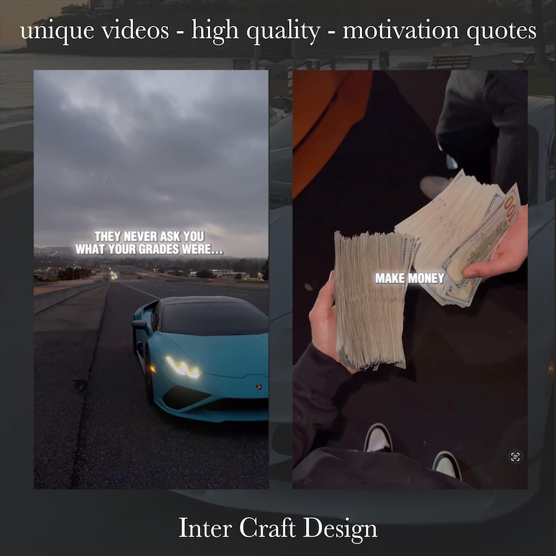 May include: A motivational quote about success and a stack of cash with the text "MAKE MONEY" on it. The image is split into two parts, with a blue sports car on a road in the left part and a hand holding the cash in the right part.