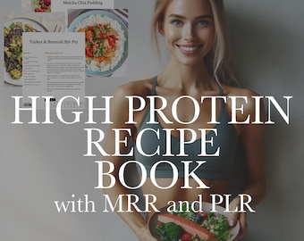 May include: A woman in a grey tank top holds a plate of food with salmon, broccoli, and tomatoes. The text "HIGH PROTEIN RECIPE BOOK with MRR and PLR" is displayed in large white letters on a grey background. The text "Inter Craft Design" is displayed in white letters at the bottom of the image.