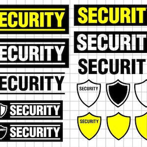 Puede incluir: Un conjunto de letreros de seguridad negros y amarillos con la palabra "SECURITY" en letras blancas, negras y amarillas. Los letreros están dispuestos en una cuadrícula con una fila de iconos de escudo debajo. Los escudos son negros, blancos y amarillos con la palabra "SECURITY" en letras blancas.