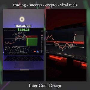 May include: Two computer screens displaying stock market charts. The screen on the left shows a balance of $756.23. The text "trading - success - crypto - viral reels" is at the top of the image.