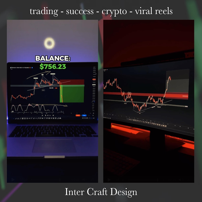 May include: Two computer screens displaying stock market charts. The screen on the left shows a balance of $756.23. The text "trading - success - crypto - viral reels" is at the top of the image.